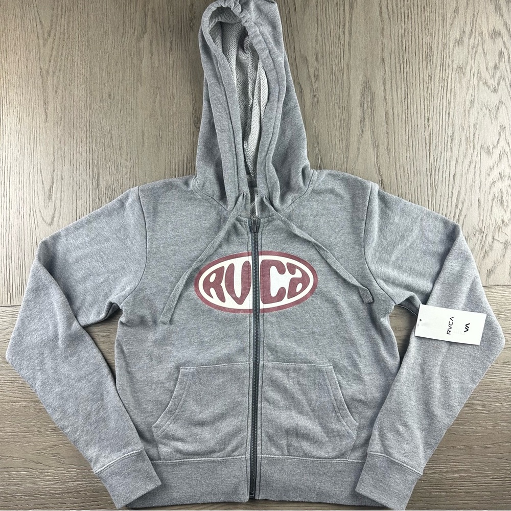 RVCA Hoodie Small Gray Full Zip Distressed Logo Y2K Skate Surf Womens Cropped